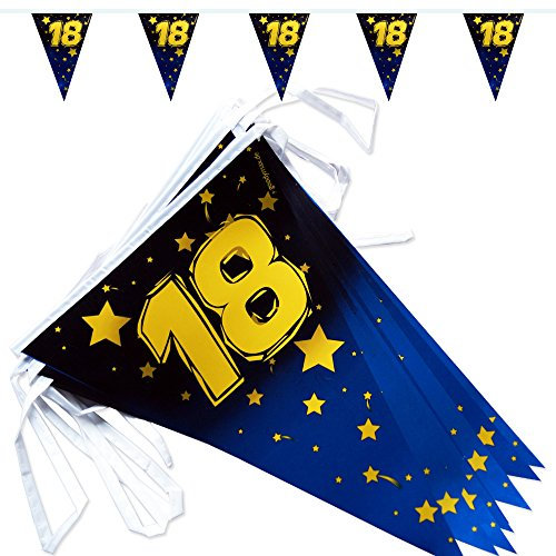 18. Geburtstag Wimpelkette Stars/Gold Metallic 6,8 m lang wetterfest Happy Birthday 18 Jahre Jubiläum Party Dekoration