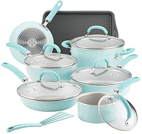 Rachael Ray CREA deliciosas Utensilios de Cocina antiadherentes/Juego de ollas y sartenes, Aluminio, Azul Claro Brillante