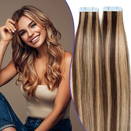 SEGO Tape Extensions Echthaar 20 Stück Klebeband Verlängerung Haarteile 100% Remy Human Haar Kleber Mittelbraun/Honigblond #4p27 22(55cm)-30g