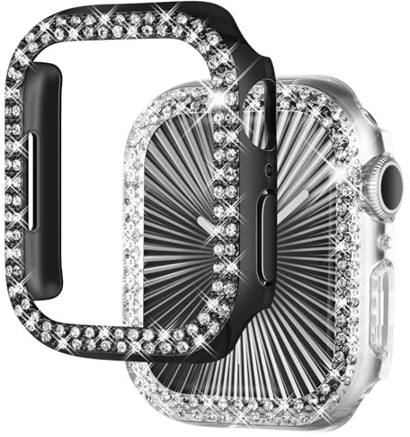 NewWays Confezione da 2 custodie brillanti da donna compatibili con Apple Watch serie 6/5/4/SE (2024-2020) da 44 mm senza pellicola protettiva, custodia protettiva complessiva antiurto con diamanti
