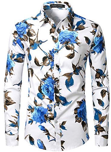 PARKLEES Men's Floral Printed Long Sleeve Button Down Party Casual Fancy Floral Shirts PZLCL04 101 Blue L