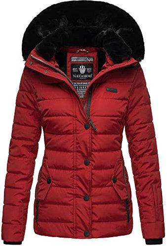 Navahoo Damen warme Winter Steppjacke mit Abnehmbarer Kunstfell-Kapuze Milianaa Red Gr. M