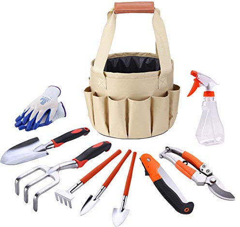 Set di Attrezzi da Giardino, 10 Pezzi Alluminio Utensili da Giardino con Professionali Borsa, Cesoie Potatura, Pala Trapiantatore, Cazzuola per Trapianto, Regali da Giardinaggio per Uomo e Donna