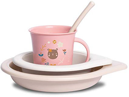 Suavinex, Vajilla para Bebés, Set de Platos de Aprendizaje, +6 Meses, Vajilla Infantil Apta Para Lavavajillas y Microondas. Incluye: Vaso + Plato Llano + Bol + Cuchara. Forest Rosa