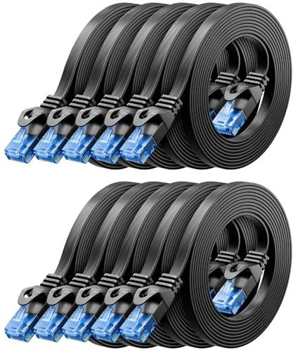 deleyCON 10x 2m CAT6 Plano Cable de Red 1000 Mbit Gigabit LAN - Cat 6 RJ45 Ethernet Cable de Conexión Delgado Cable de Instalación Plano - para Internet Conmutador Router Módem - Negro