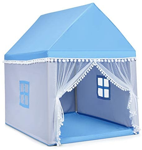 GIANTEX Kinder-Spielzelt Kinderspielhaus Massivholzrahmen, Kinderzelt Spielzelt mit Boden & Baumwolldecke, Prinzessin Schloss Zelt Oxford Stoff, Spielhaus für mehrere Kinder 120x105x140cm (Blau)
