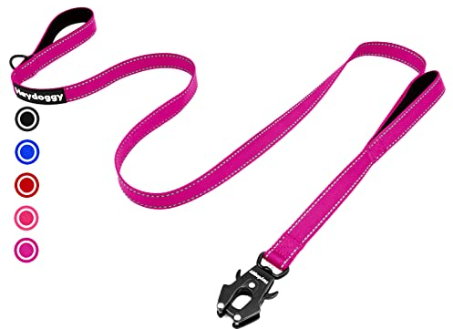 Laisse pour Chien Résistant 1,8m/1,5m/1,2m pour Grands Moyens Petits Chiot, Nylon Laisse de Dressage avec 2 Poignée et Auto Bloquer Boucle, Réfléchissants Anti-Traction Corde Laisse Rose Vif 6ft