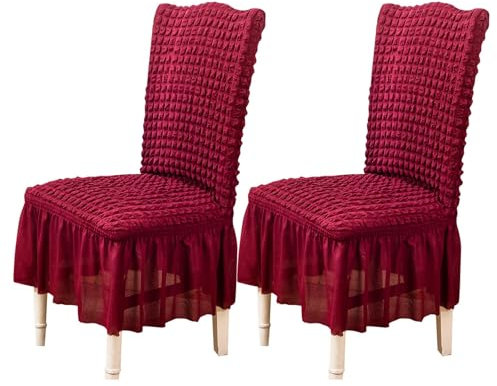 Qubjus Stuhlhussen für Esszimmer Satz von 2 Stretch Stuhl Slipcover mit Rock abnehmbar waschbar Küche Stuhl Protector Cover Set für Haus, Party, Hochzeit(Burgandy, 2Stück)