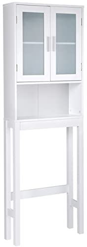 Giantex Badezimmerschrank oben Toilette mit 1 Schrank mit Doppeltür aus Glas und 1 offenes Aufbewahrungsregal, Regal oben WC/Waschmaschine, moderner Stil, Weiß