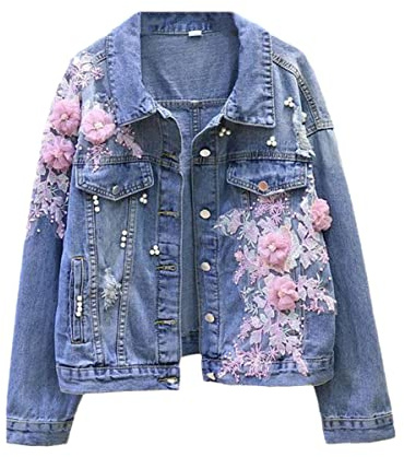 Jeansjacke für Frühling und Herbst, bestickt, Blumenmuster, Jeansjacke, mit Perlen besetzt, Bomberjacke, rose, 48