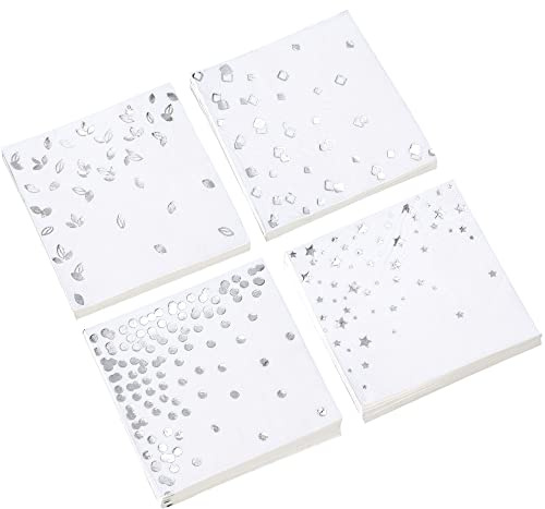 Silber-Servietten, 4 verschiedene Designs, 3-lagige Cocktail-Servietten, gefaltet, 12,7 x 12,7 cm, Bar-Servietten, Einweg-Servietten, Papierservietten, Getränke, für Hochzeit, Brautparty, Babyparty,
