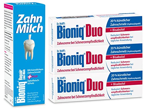 Bioniq® Zahncreme Duo, 3 x 75 ml & Zahn-Milch, 1 x 400 ml im Set - Schutz bei schmerzempfindlichen Zähnen | reparierende Zahnpasta & Mundspülung mit künstlichem Zahnschmelz | Ohne Fluorid