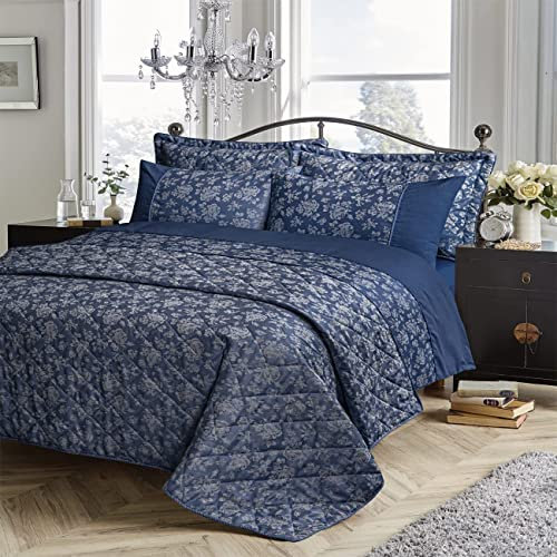 oceanevo® Kew Jacquard Duvet Covers with Matching Pillowcases Soft Floral Textured Bedspread Quilt Bed Cover Bedding Set (Navy, Double)