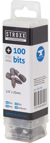 STROXX – Bit Box mit 100Stk. PH2 Bits für Bohrschrauber & Schraubendreher – Schraubenbit mit Farbcode zur schnellen Identifizierung des richtigen Bittyps – Bit Set