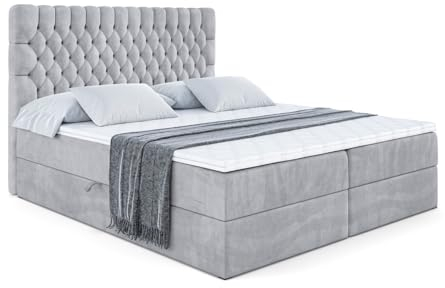 ALTDECOR Boxspringbett mit Matratze und Lattenrost, Boxbett, Topper, Polsterbett mit Bettkasten, Bett mit Stauraum H3-Matratze, Doppelbett, Springboxbett - Serene - 200x200 - Grau Monolith