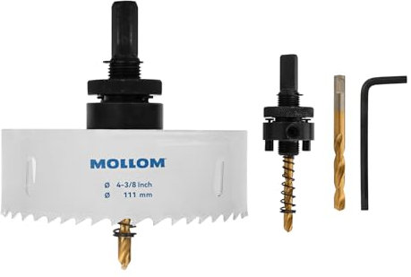 MOLLOM (111mm | 4-3/8) Scie-cloche bimétal HSS M42 avec 8% de cobalt avec 2 forets pilotes et mandrin, coupe lisse pour PVC, plaque de plâtre, bois, plastique, plaque de plâtre, caoutchouc