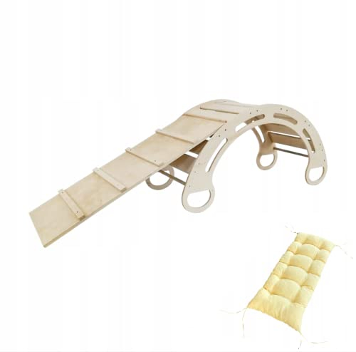Montessori Kletterbogen mit Rutsche und Kissen (Gelb) für Kinder 85x41,5x39 cm - Klettergerüst Indoor ab 1 Jahr - aus Sperrholz