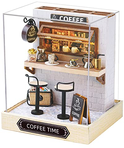 CUTEROOM DIY Miniature Doll House Kits, DIY House Kit with Dust Cover, 3D Wooden Dollhouse Kits to Build for Teens Adults Birthday Gift (Coffee)