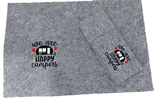 Camping 4er-SET 2 Bestecktaschen + 2Platzsetz Tischdeko personalisiert Geschenk (Wohnmobil, anthrazit)