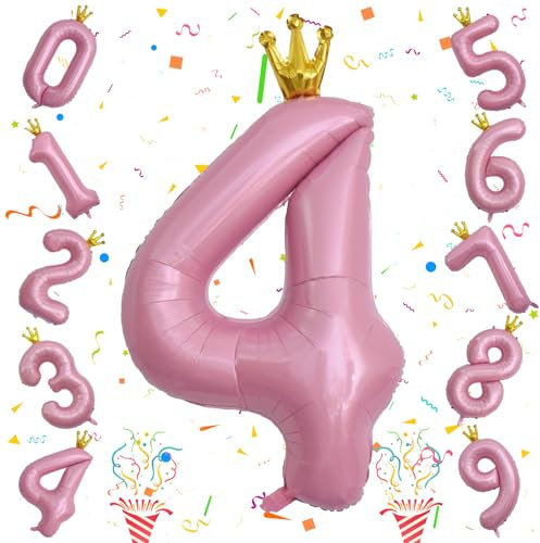 Große 4 Luftballon Zahl Deko, 40 Zoll Pastell Rosa Krone 4 Luftballon, Folienballon 0–9 Set für Kinder Mädchen 4. Geburtstag Party Deko Frau 40 Jubiläum Party Dekoration, Fliegt mit Helium