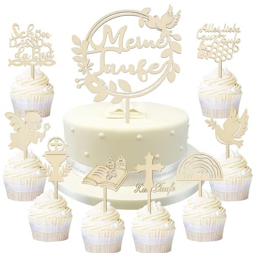 DPKOW 9 Stück Cake Topper Taufe Deko Mädchen Junge, Holz TAUFE Tortendeko Meine Taufe Torten Topper Fisch Tauben Engel Kreuz Bibel Traube für Mädchen Junge
