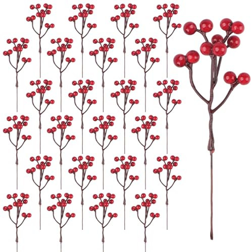 YiYa 36 Stück Künstliche Rote Beeren Beeren Aus Stechpalmen Rote Beeren Deko für Christbaumschmuck Blumen Kranz DIY Handwerk Winter Dekoration