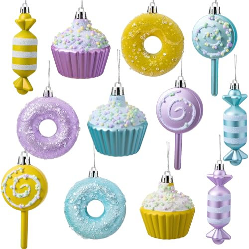 Joiedomi 12 Stück süße Weihnachtsschmuck in Pastellfarbe, Ornamente mit Süßigkeiten, Donut, Kuchen und Lutscher-Designs für Weihnachtsbaumdekoration, Urlaubsparty, Innendekoration (gelb, blau, lila)