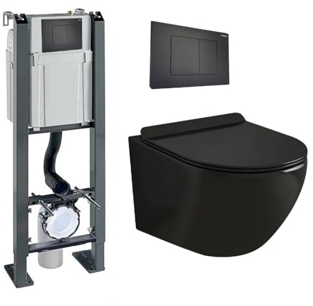 Coribi Pack Complet WC Sans Bride + Cuvette Suspendu Sans Bride + Plaque DESIGN - Toilette Design Moderne - Cuvette Céramique (Bâti chrono autoportant, Plaque noir mat soft touch)