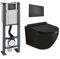 Coribi Pack Complet WC Sans Bride + Cuvette Suspendu Sans Bride + Plaque DESIGN - Toilette Design Moderne - Cuvette Céramique (Bâti chrono autoportant, Plaque noir mat soft touch)