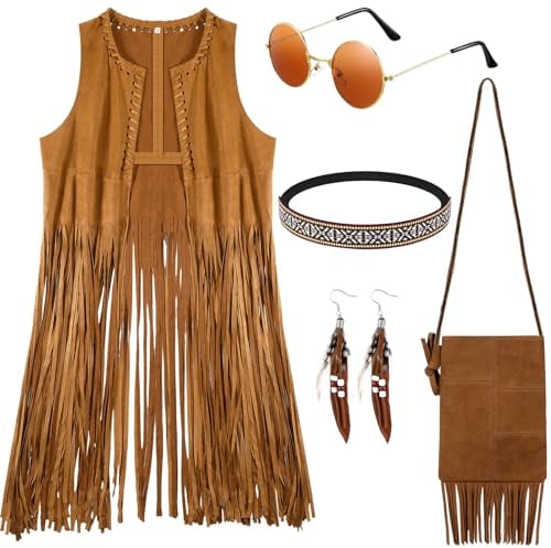 Sintege Set di 5 Accessori per Costume Hippie da Donna Anni '70 '60 Costume di Carnevale Gilet con Frange Hippie da Discoteca Abiti Boho Accessori Hippie per Donna (M)