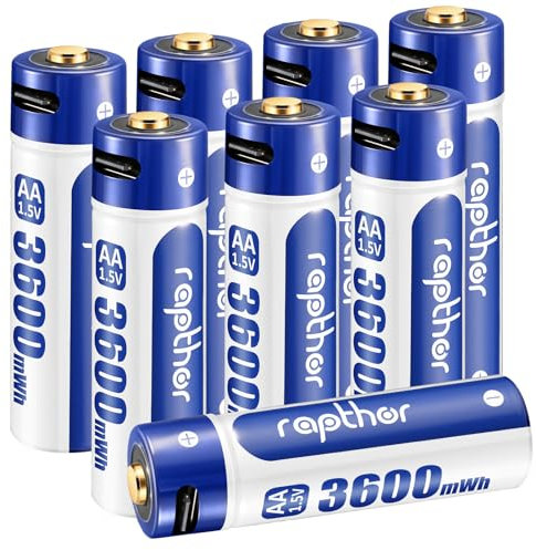 Rapthor AA Rechargeable Batteries 1.5V 3600mWh with 4-in-1 USB Type-C Charging Cable for Flashlights Remote Control Wireless Keyboards Mice (Quick Charge in 2 Hours, Pack of 8)