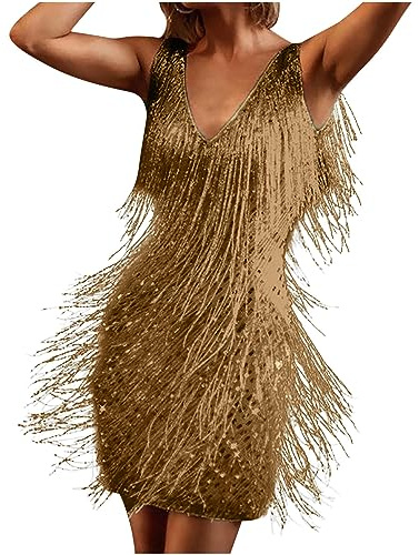 AnnSemo 1920's Great Gatsby Costume Women Sequin Fringe Flapper Dress V Neck Sleeveless Mini Dress Party Prom Cocktail Dance Sexy Sparkly Fancy Clubwear
