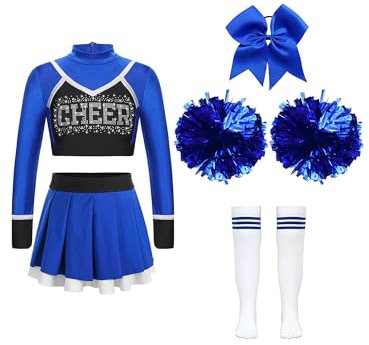 TTAO Mädchen Cheer Leader Kostüm Kinder 4Tlg Cheerleading Uniform Langarm Crop Top und Rock Karneval Fasching Party Verkleidung Blau 122-128