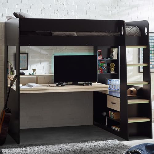 Julian Bowen Blaze Gaming Highsleeper Bed-Black and Pale Wood, Engineered, Single