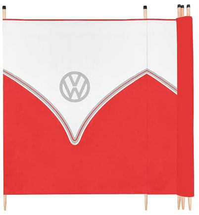 Board Masters Volkswagen Windbreak for Beach, Camping or Garden, VW 4 Pole Windbreaker Camping Sun Shade, Wooden Poles, L290cm x H120cm, Red