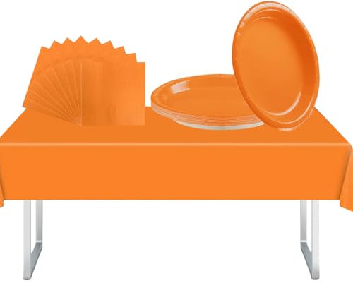 37Pcs Orange Party Tableware Set with Plastic Orange Table Cloths Party,Paper Party Plates and Napkins Serviettes for Orange Party Supplies Decorations,Halloween,Thanksgiving,Christmas,Birthday Party