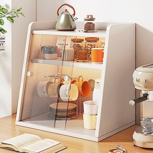 BAOSHIDAER Bread Bin, Large Bread Bin for Kitchen Countertop, White Wooden Double Layer, For Bread Box Kitchen Organizer Tea Cup Holder Tea Organizer Shelf for Mugs