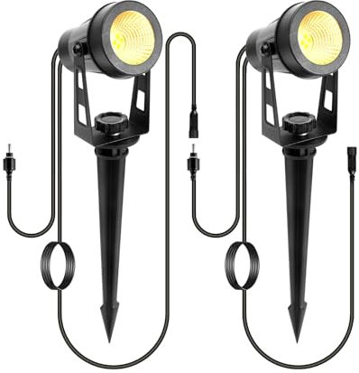 ECOWHO Garden Spot Lights 2 Pack with 3m Wiring Cable Without Adapter, Only Extension Spotlights PC Warm White Garden Spike Lights Mains Series (No Plug)