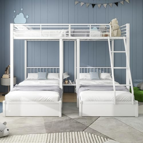Lexiou Litera triple con cajones, marco de cama de metal, convertible en cama doble de 140 x 200 cm y dos camas individuales de 90 x 200 cm, cama de metal multifuncional (blanco)