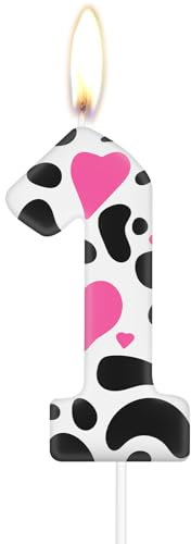 mciskin Cow Print First Birthday Number Candles, Pink Heart Number 1 Candle for Cake, Cowgirls Party Decorations, Farm Animal Themed for Girls Boys 1st Birthday Party Decorations Supplies