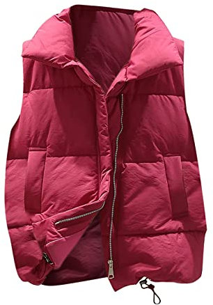Keepink Gilets bouffants sans manches à col montant pour femme - Doudoune solide - Gilet d'hiver chaud avec fermeture éclair - Manteaux matelassés classiques et légers - Gilet pour femme, 1 rose vif,