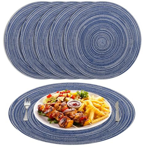 NAKIHOUSE Tischsets Abwaschbar Rund Geflochten Tischset 6er Set, 38cm Rund Platzsets Abwischbar, rutschfest, Hitzebeständig Schmutzabweisend Blau Platzdeckchen für Hochzeit, Restaurant, Küche