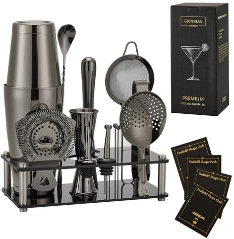 Ensemble Boston Shaker 16 pièces – Kit de cocktail en acier inoxydable avec shaker, filtre, pince à glace, cuillère, doseur, pilon, 4 pics à cocktail et 2 verseurs. (Noir)