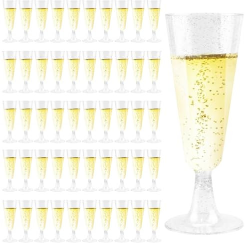 50 PCS Clear Plastic Champagne Flutes, Silver Glitter, 160ml/5oz Reusable Plastic Prosecco Glasses,Disposable Clear Champagne Glasses- Plastic Glasses for Parties, Weddings, Birthdays, Picnic