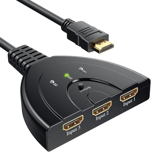 HDMI Switch, 4K HDMI Splitter 3 in 1 Out, HDMI Selector Switcher mit Integriertem HDMI Kabel, Unterstützt Ultra HD 4K, 1080P, 3D Video, HDMI Hub Kompatibel mit Fire Stick