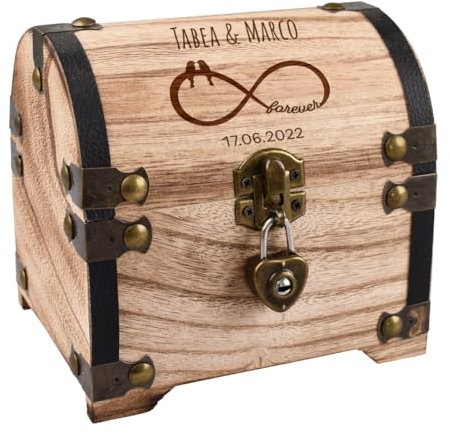 polar-effekt Holz-Schatztruhe mit personalisierter Gravur zur Hochzeit - Hochzeitsgeschenk für Brautpaar - Schatzkiste zur Aufbewahrung - mit Metallschloss