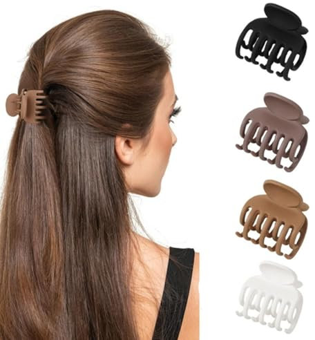 4 pinzas de pelo medianas mate de 4 cm para mujeres y niñas, pinzas pequeñas de doble fila para cabello fino o medio, clips de mandíbula antideslizantes (blanco, caqui, marrón, negro)