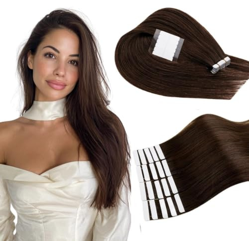 RUNATURE Tape Extensions Echthaar 75cm Braun Echthaar Extensions Tape Braun Menschliches Haar Braun Tape in Extensions Echthaar Unsichtbare Braun #4 20Stück 50g
