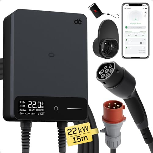 dé Typ 2 Wallbox 22kW mit APP und RFID, 6-32A 3-Phasen EV-Ladegerät 400V mit 15m Ladekabel und Kabelhalter für BEV/PHEV, RCD Typ-B & IP54-Schutz, effiziente Ladestation für Zuhause, schwarz