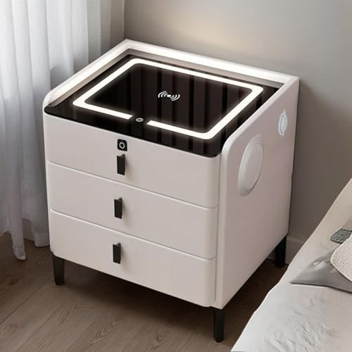 HIGAOQS End Tables Bedroom,Bedside Table Charging Station,Wireless Charging Table,with 3 Drawers Bedside Table adjustable LED Light,USB Ports,for Living Room,Study,Modern (white,1 piece)